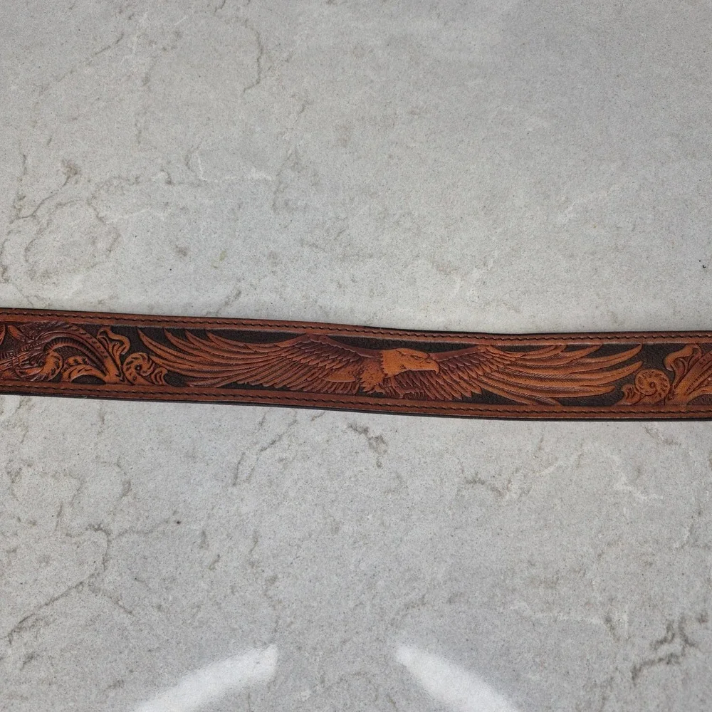 Silver Creek Belt Tooled Leather Eagle Tip 36 Brown Mens